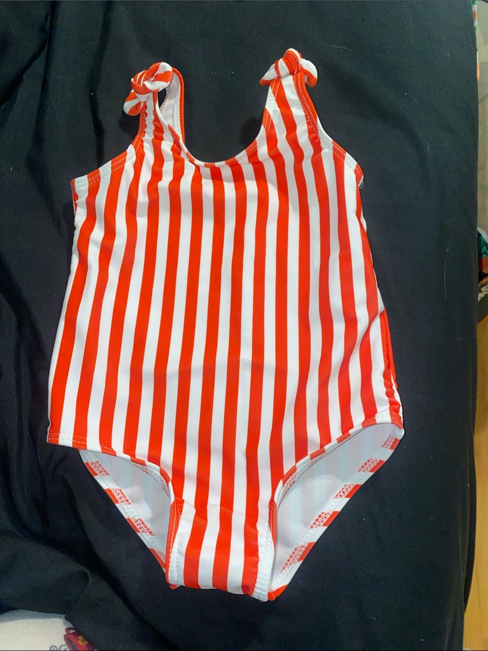 SHEIN Red and White Striped Kids One-Piece Swimsuit with Tie Straps
